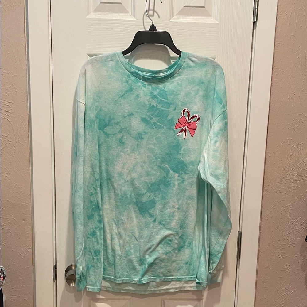Aqua Tie-Dye Long Sleeve Tee with Pink Bow